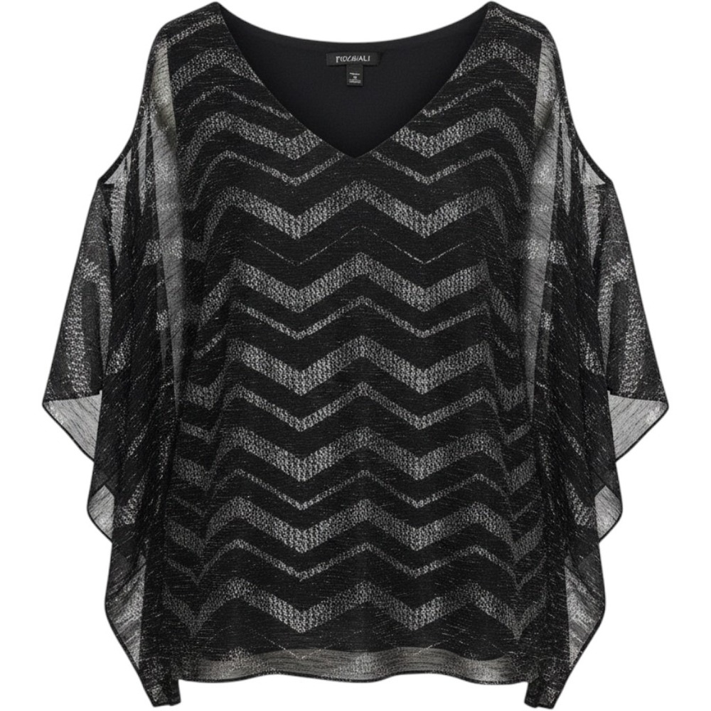 Roz & Ali Black Shimmer V‑Neck Top Silver Pattern Dressy Casual Sparkly Size 1X